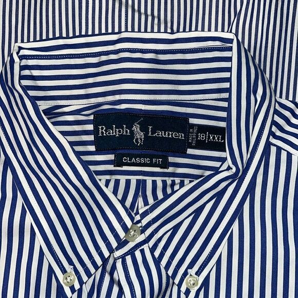 2-Blue Stripe Polo by Ralph Lauren w/ Pony mens Dress Business work shirt 18 XXL - Picture 4 of 9
